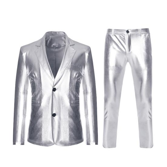 2 Teile/satz Männer Anzug Mantel Hosen Set Revers Langarm Einreiher Anzug Jacke Lange Hosen Set Goldene Prägung Business Anzug XXXL silber