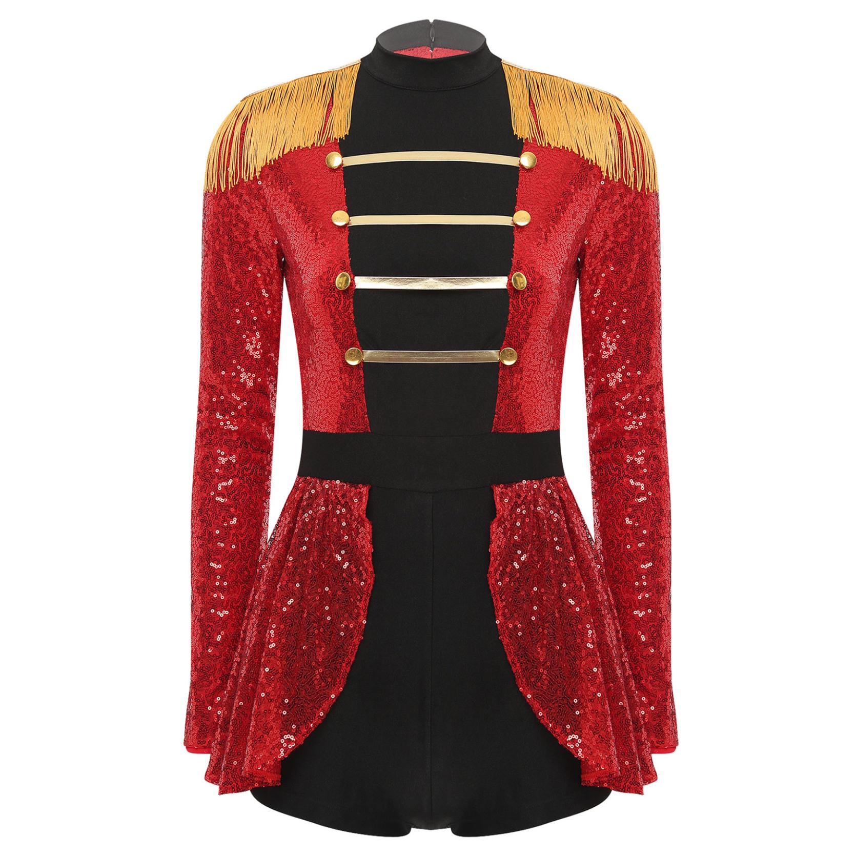 Damen Halloween Ringmaster Bodysuit Kleid Pailletten Overall Zirkus Cosplay Kostüme S rot