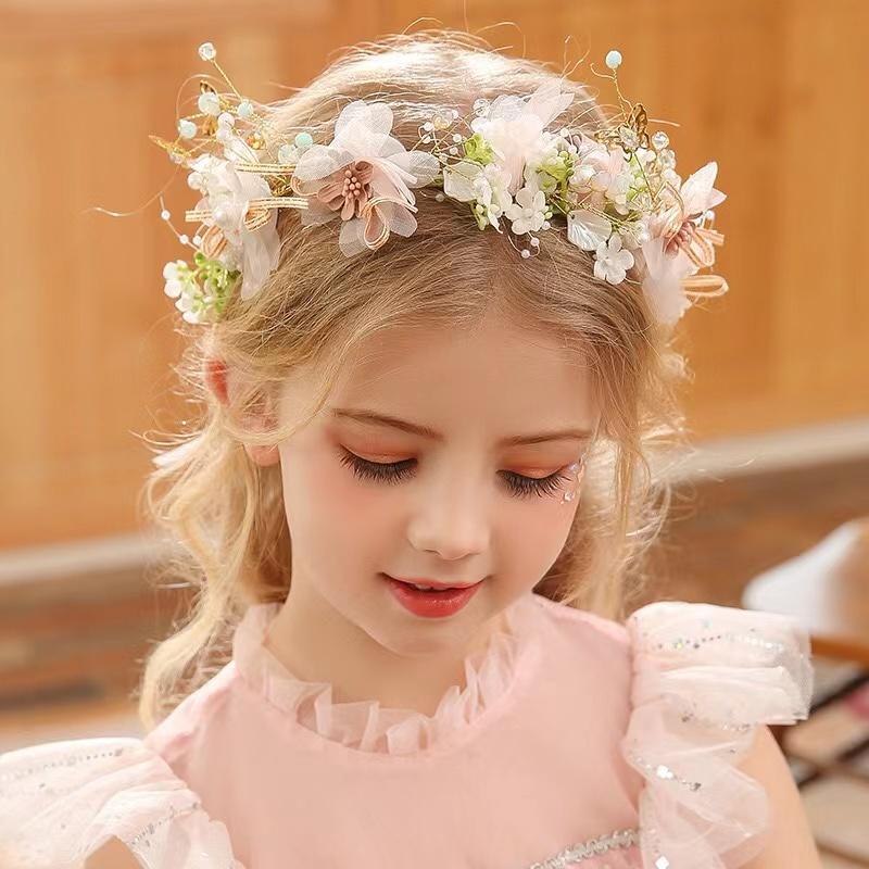 Feen-Blumen-Stirnband für Kinder, Mädchen, schöne Girlande, Kranz, Haarbänder, Hochzeit, Geburtstag, Blumen-Haarreif, Handgelenkband, Kopfbedeckung blass violett-rote