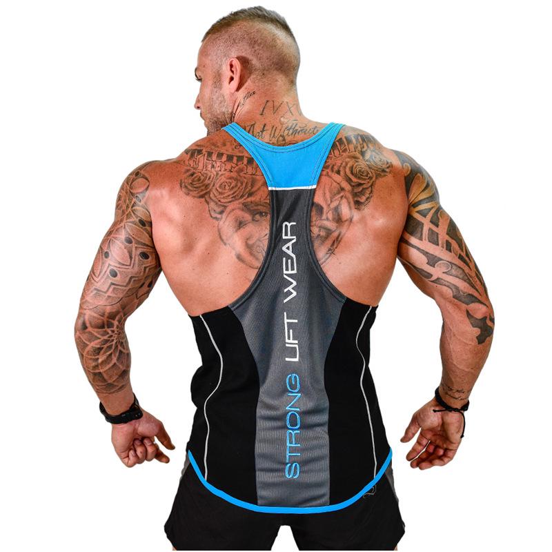 Herren-Bodybuilding-Tanktops, Fitnessstudio, Fitness, ärmelloses Hemd, Baumwolle, lässig, Unterhemd XXL blau/schwarz