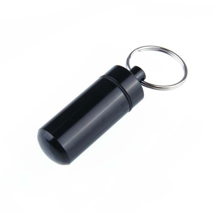 Wasserdichte Aluminiumlegierung Pille Medizin Box Fall Halter Behälter Kapsel Flasche Schlüsselanhänger schwarz
