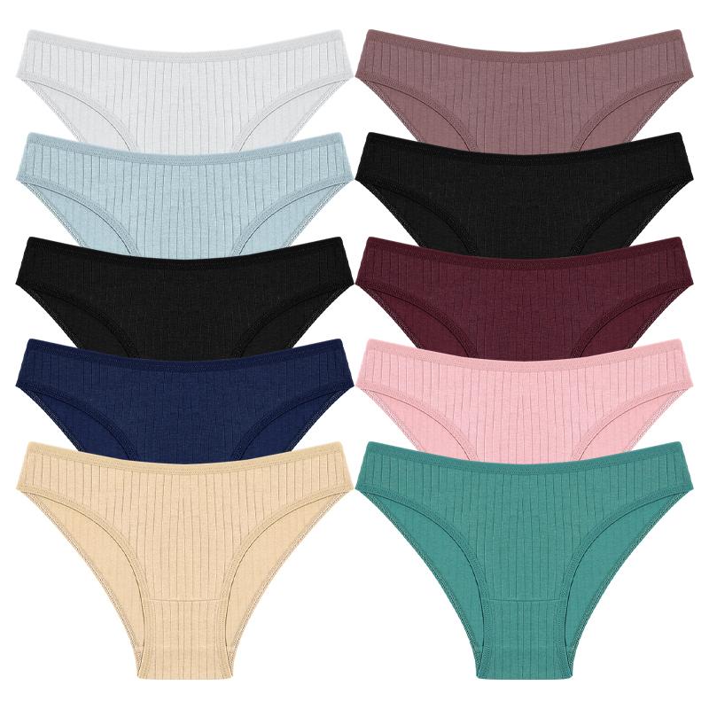 FINETOO 10 Stück Damen Baumwoll-Slips Sexy Atmungsaktive Unterwäsche Weiblich Einfarbig Bequem Lingerie Gestreifte Slips M-XL L&10pcs