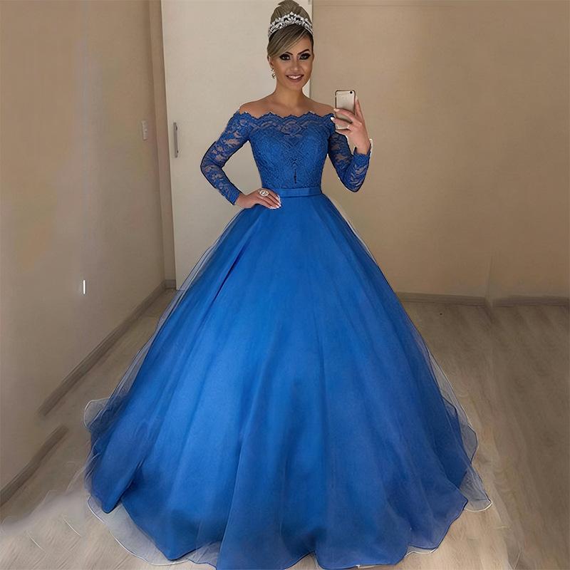 1011 Europäisches und amerikanisches One-Shoulder V-Ausschnitt figurbetontes Mode flauschiges Schleppen Brautkleid Spitze Spitze Rock M gray