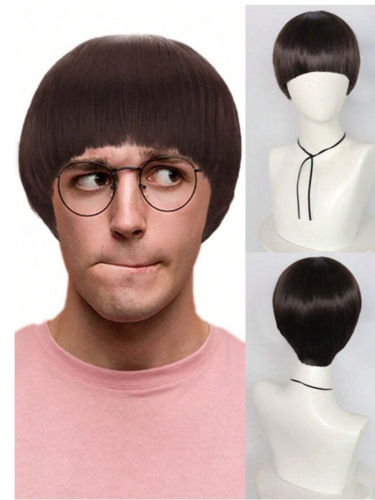 Kurze braune Cosplay-Perücke für Männer, synthetischer Topfschnitt, Anime-Retro-Perücke, geeignet für Filme, Partys, Halloween, Weihnachten
