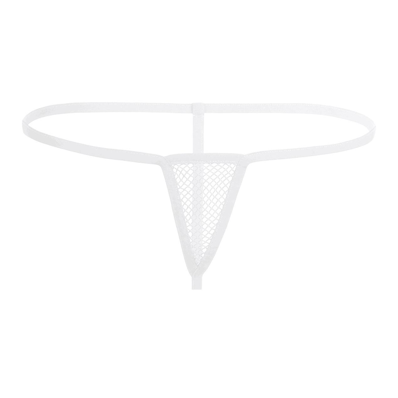 Damen-Mini-G-String-Tanga mit durchsichtigem, elastischem Bund und offenem Hintern aus Netzstoff vorne weiß