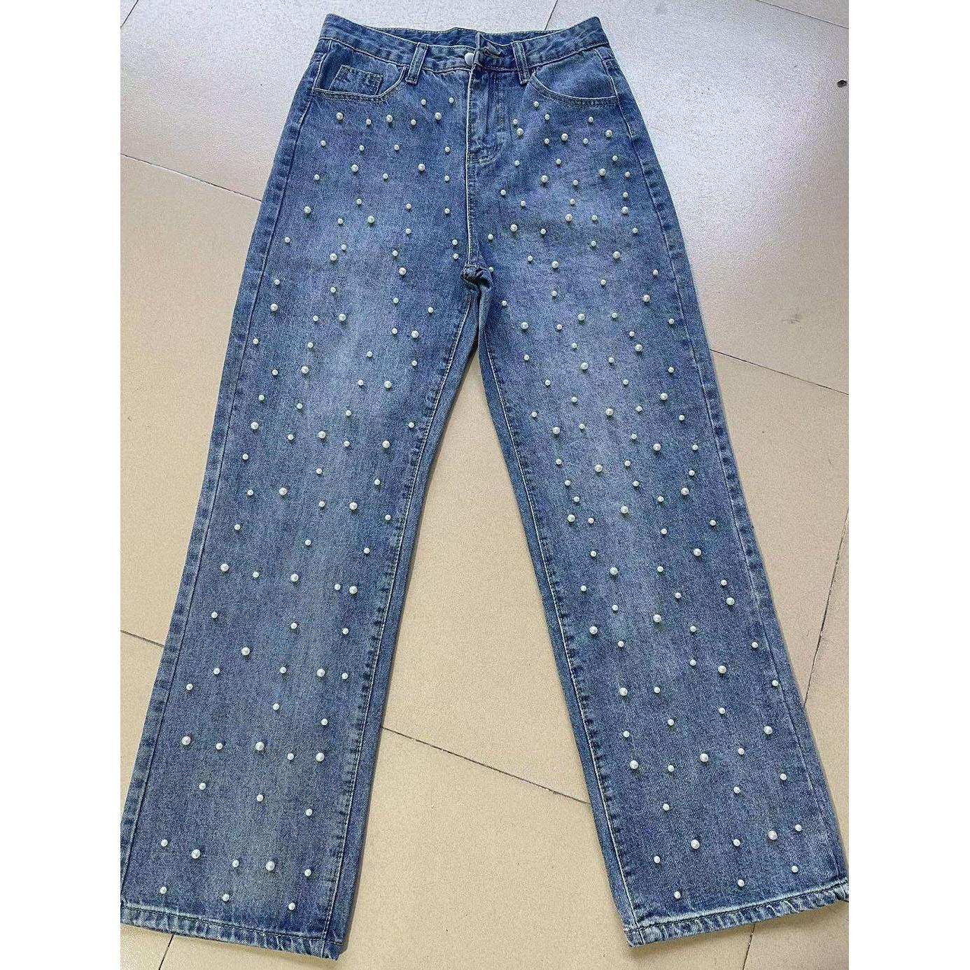 Damen Jeanshosen Perlenstickerei High Waist Lässige Gerade Hosen für Damen Streetwear Elegant Gespleißter Denim Damen Hose XXXXL dunkelblaue