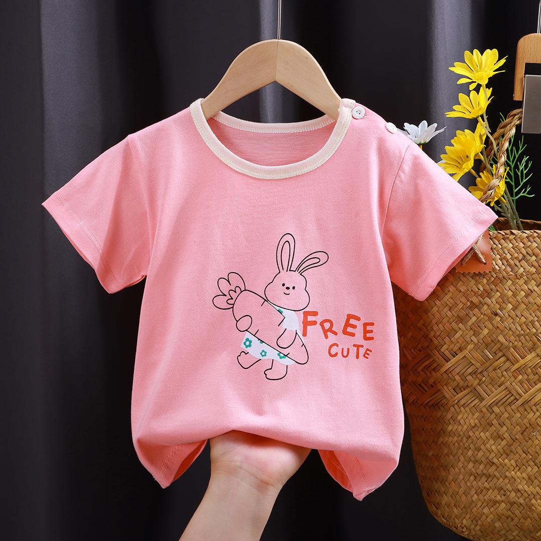 Kinder süße Baumwolle Kurzarm T-Shirt Tops Kinder Kleidung Baby Kleidung Cartoon Pullover 73CM rosa