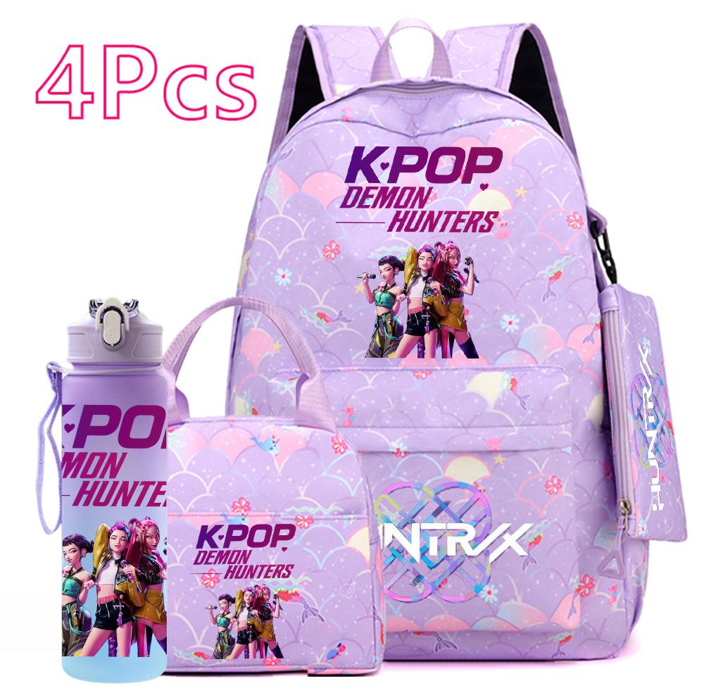 4 Stück/Set Cartoon KPOP Bedruckter Rucksack mit Handtasche Federmäppchen 750 ml Wasserflasche für Teenager Junge Mädchen Große Kapazität Schultasche Schulrucksack Mochila