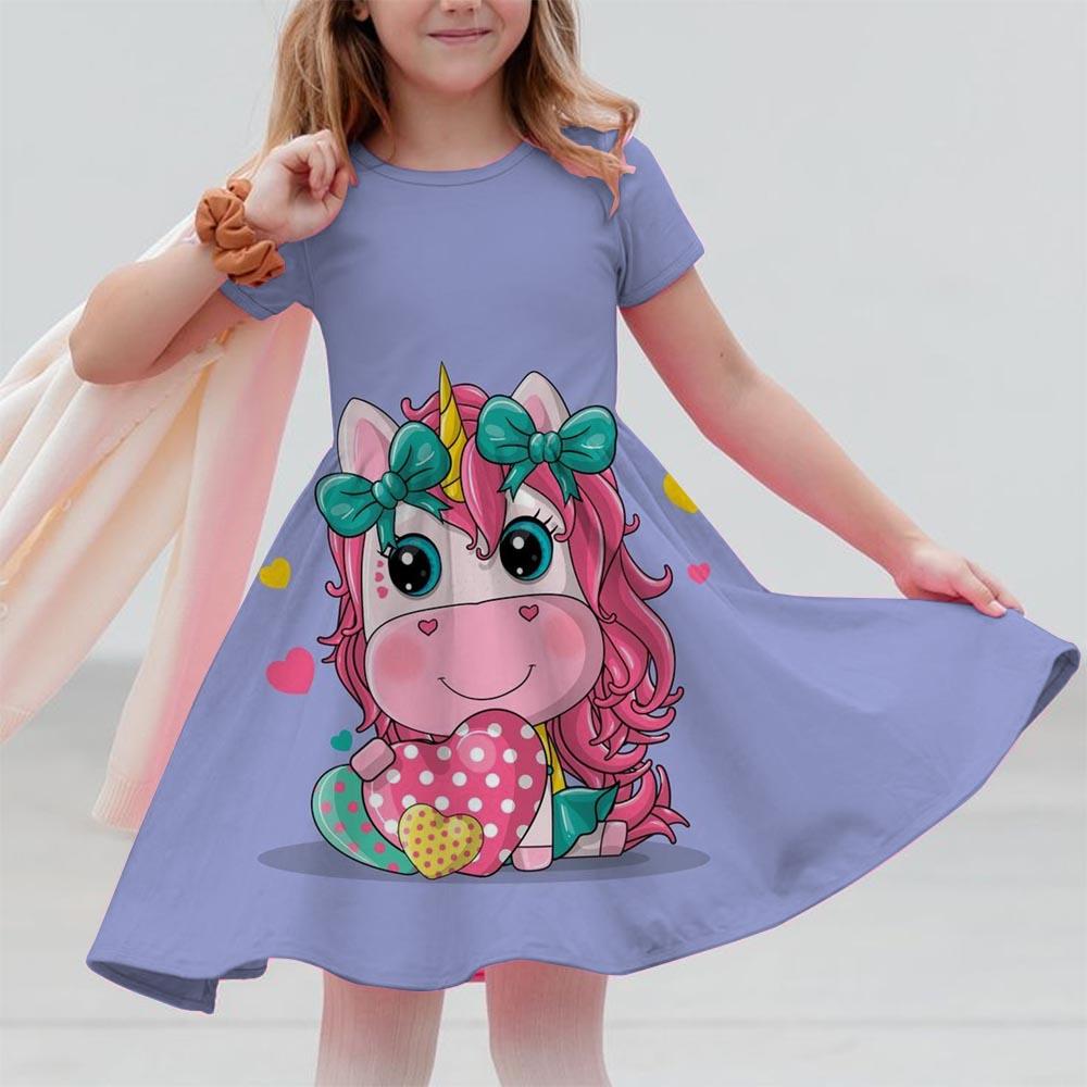 Sommerkleider für Mädchen Einhorn Kinder Kurzarmkleid Cartoon Kleinkinder Freizeit Gerade Kleider Kinderkleidung 3-12 Jahre 130
