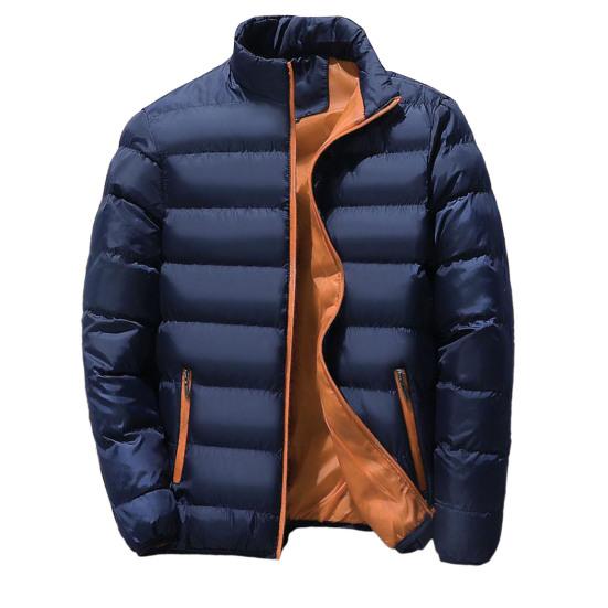 Herren-Wintermantel, gepolstert, dick, einfarbig, Reißverschluss, Stehkragen, lange Ärmel, winddicht, weich, warm, kältebeständig, Herrenjacke 4XL navy blau