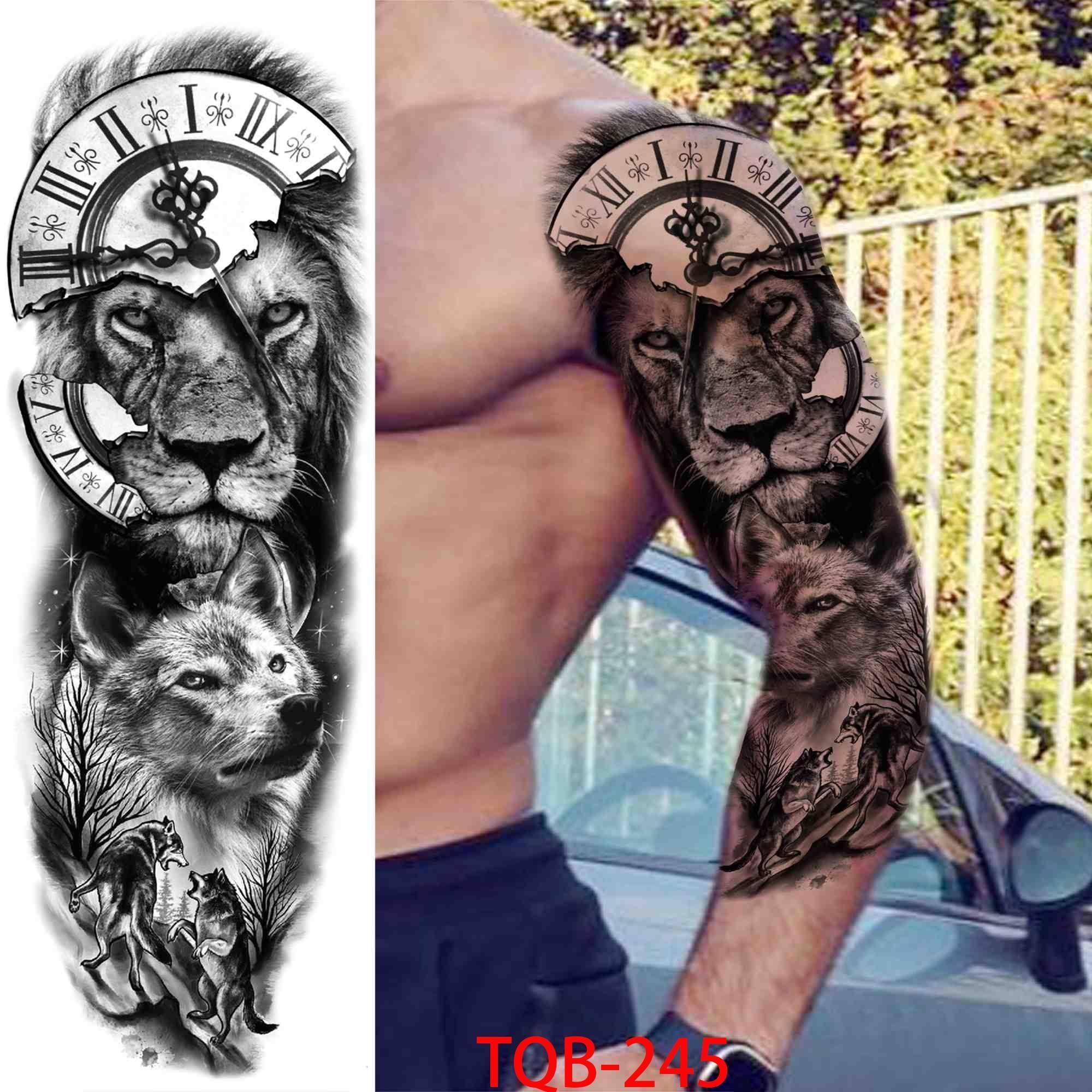 Neu 1 STÜCK 480*170 MM Super Großer Kompass Wolfskopf Auge Gefälschte Löwengott Feder Temporäre Tattoo Ärmel Für Männer Frauen Tattoo Vollen Arm Tattoo Aufkleber TQB-245