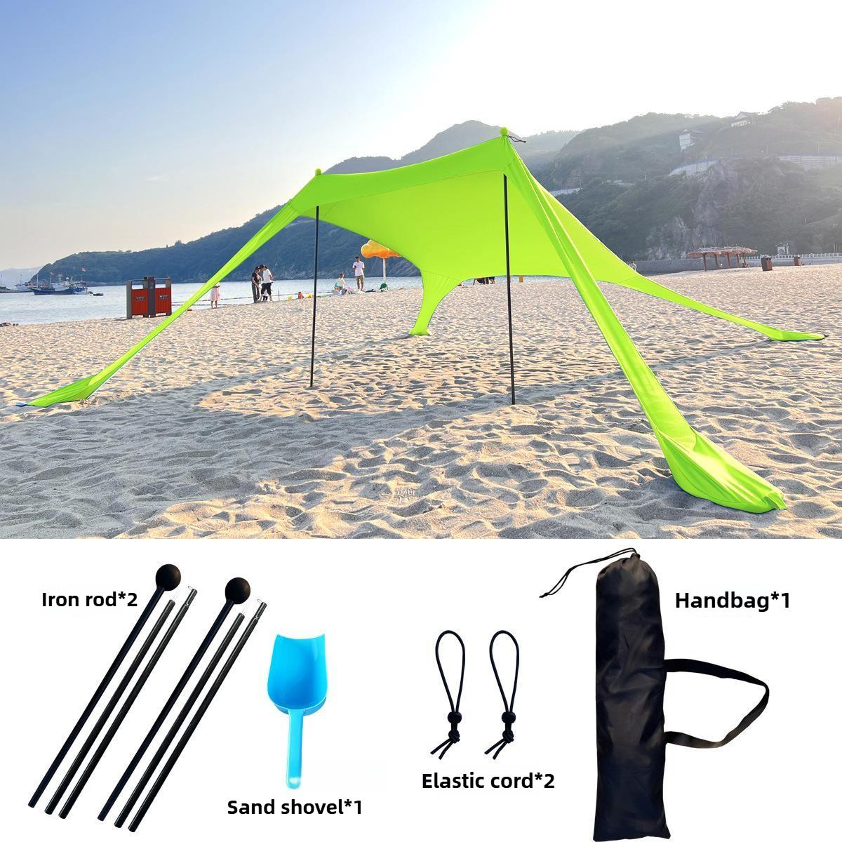 Strandzelt Sonnenschutz mit UPF 50+ UV-Schutz Strandbaldachin Sonnensegel mit Sandsäcken Stangen und Erdnägeln und Windseilen 200x160x150cm grün