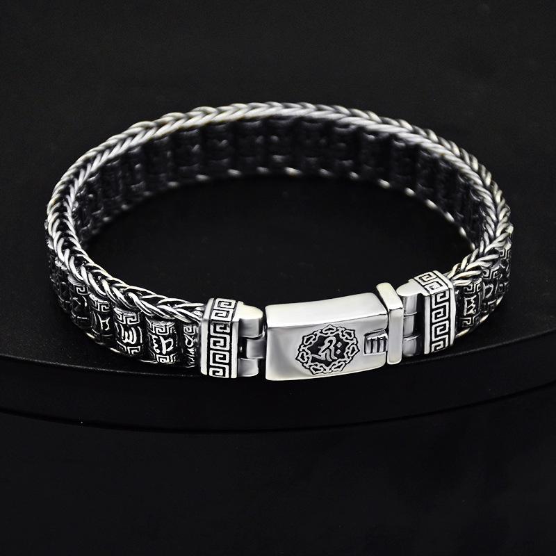 Neue Echt S925 Reinem Silber Mann Armband Hand-gewebt Buddhistischen Sechs-charakter Mantra Revolver Persönlichkeit Glück Jungen geschenke 18cm 50g
