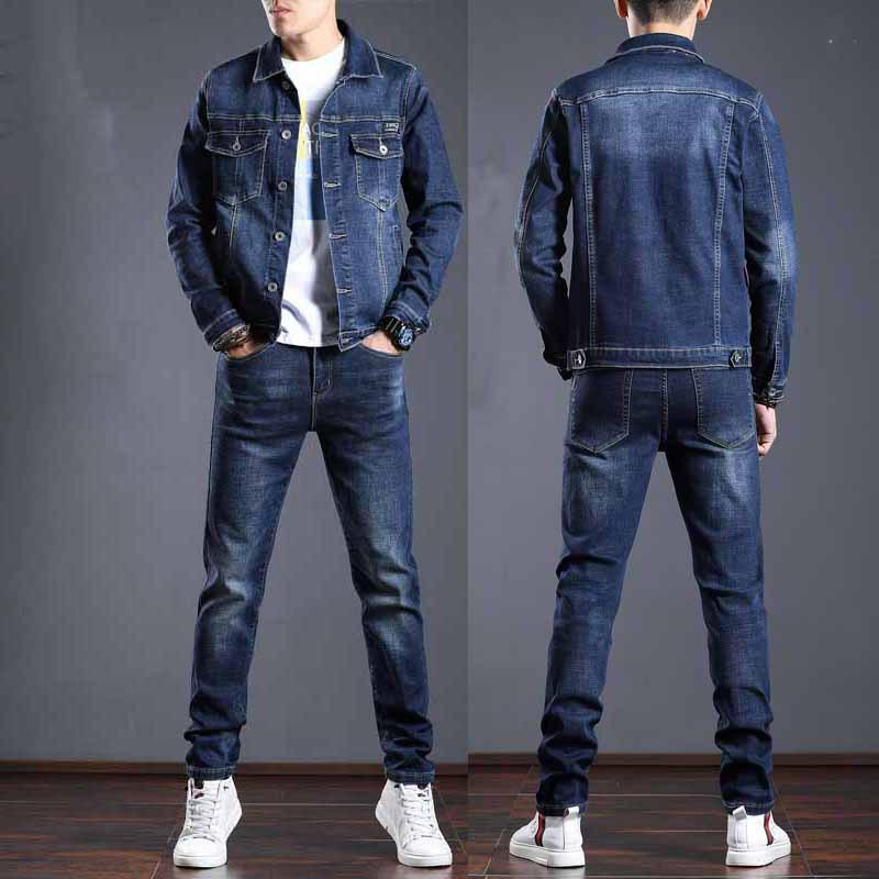Jeansanzug Herren Zweiteiliger Frühlings- und Herbstanzug Jacke Jacke Hose Eine trendige Stretch-Herrenbekleidung XXXL blau