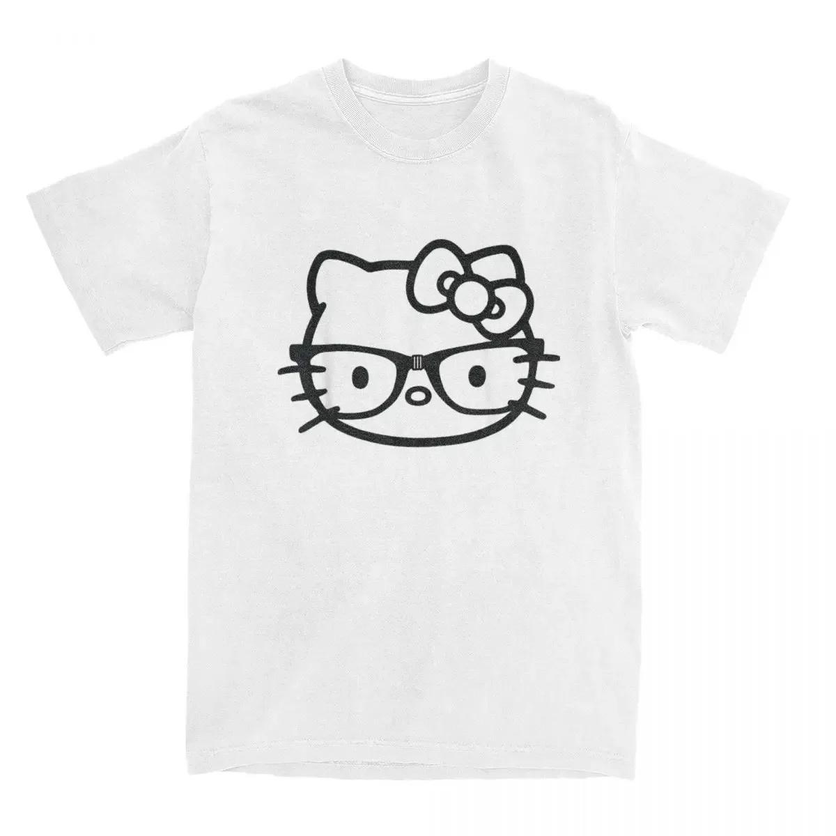 Hello Kitty Schwarz-Weiß Nerdbrille T-Shirts Herren Damen Reine Baumwolle Herren T-Shirt Rundhals Kurzarm Freizeit-Tops M weiß