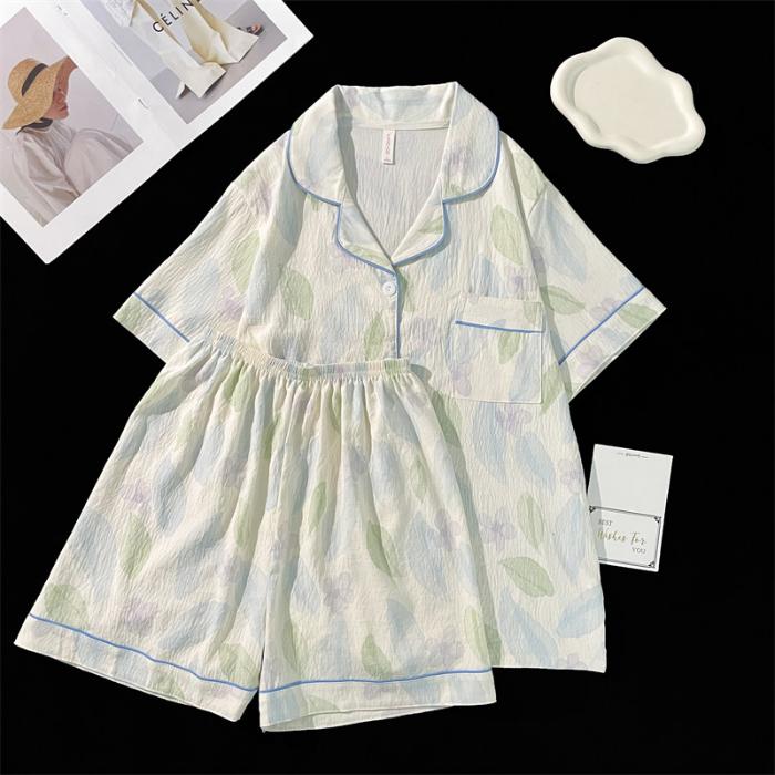 Liebesdruck Damen Pyjama Set Koreanischer Pyjama 2-teilig Oberteil Shorts Weiche Baumwolle Lässig 2-teiliges Pyjama-Set M