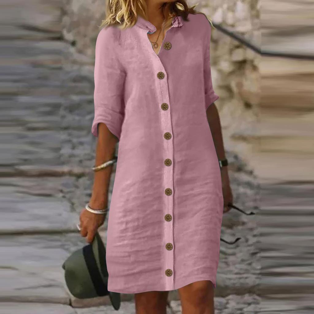 Sommer Baumwolle Leinen Hemd Kleid Frauen Taste Halbe Hülse Casual Mini Kleider Frauen Elegante Lose Strand Party Kleider Vestidos L violett
