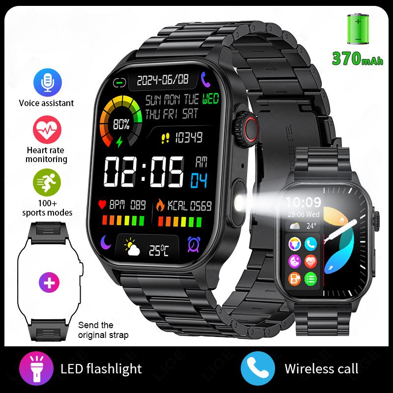 2025 Neue Herren Smartwatch Taschenlampe 2,01  HD Großbildschirm KI Stimme Bluetooth Anruf Sportuhren Gesundheitsmonitor Smartwatch Damen black Steel