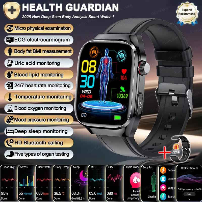 2025 Neue Smartwatch EKG+PPG Organe Eingeweide Monitor Uhr Männer Blutfette Harnsäure BP Sport Anruf Smartwatch für Samsung Galaxy Black Leather