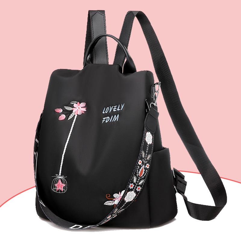 Yogodlns Modischer Stickerei-Rucksack für Damen, große Kapazität, Reisetasche, wasserdichter Oxford-Rucksack, Schultasche für Teenager 29x11x32cm schwarz