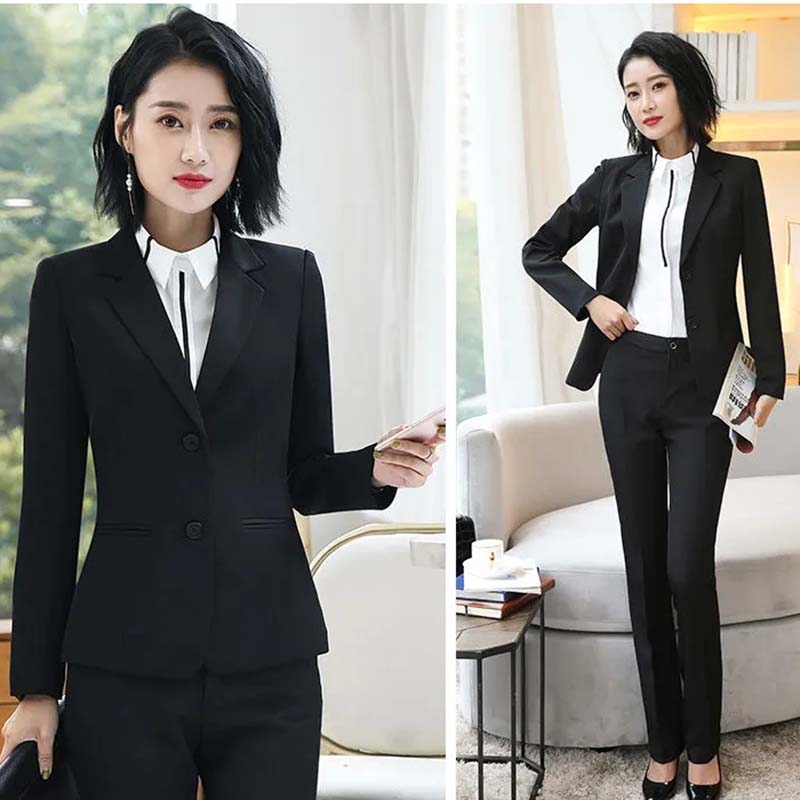 Damen-Business-Anzug, Temperament, Premium-Blazer-Anzug, zweiteiliger Blazer + Anzughose, Damen-Herbst- und Winter-Interview, formelle Kleidung S schwarz