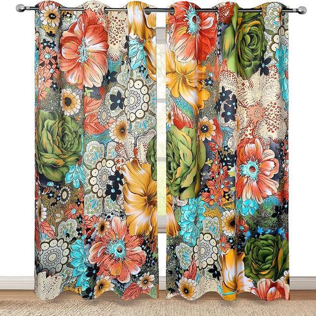 Boho-Blumen-Verdunkelungsvorhänge, bunte Blumen, böhmische Fenstervorhänge für Wohnzimmer, Schlafzimmer, Esszimmer, Heimdekoration, Vorhänge W53.5 X H114cm X 2