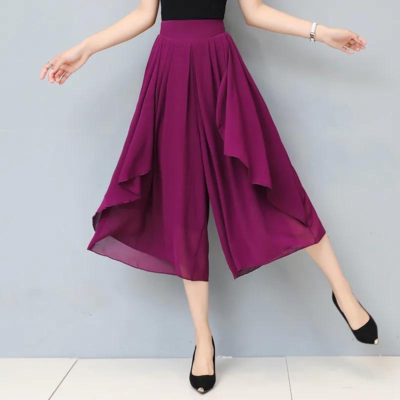Frauen elastische Chiffon hohe Taille Sommer kurze Hose Hose Hose Culottes Rock XXL violett