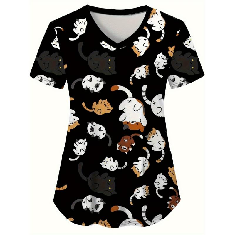 Medizinische Uniform für Damen mit niedlichem Katzen- und Hundeprint, V-Ausschnitt, klinische Uniform, Kurzarm, aufgesetzte Taschen, Oberteile, chirurgische Uniformen, Frau S
