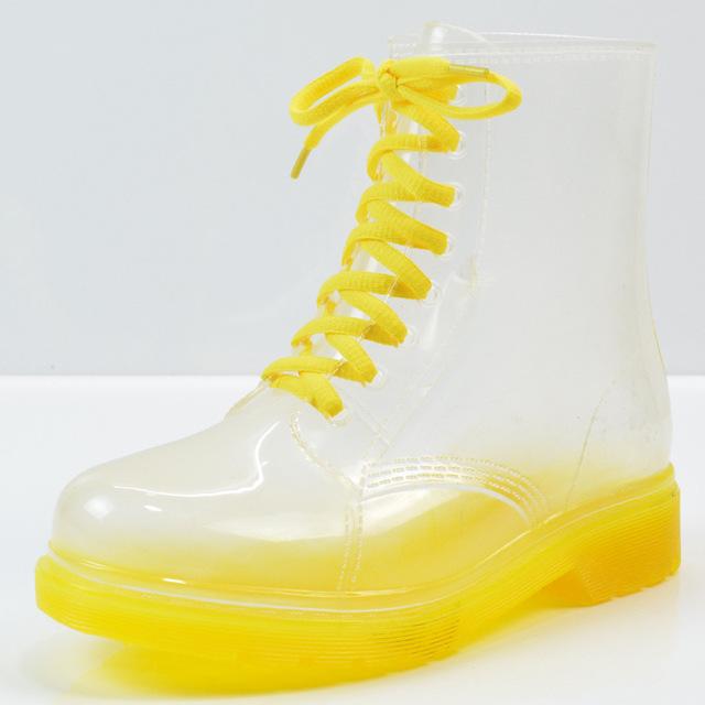 Mode Knöchel Regenstiefel Plateau Schnürung Transparente wasserdichte Regenschuhe Motorrad Bonbonfarben Regenstiefel Mode Damenschuhe 36 gelb