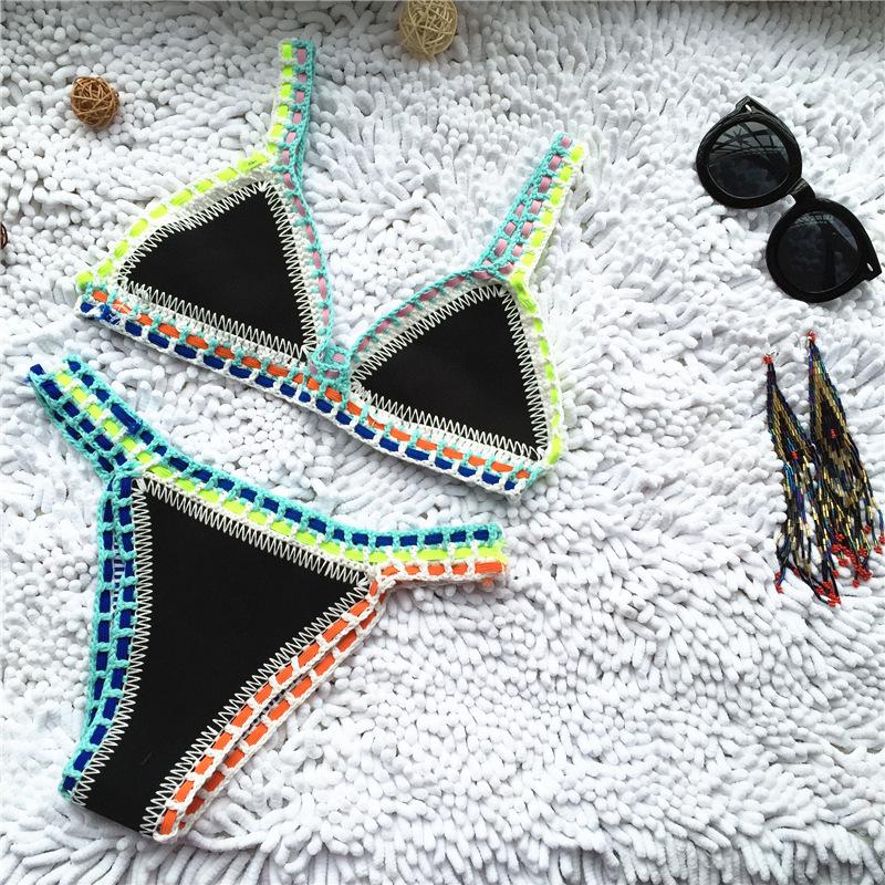 Bikini Damen Handarbeit Häkelstrick Bademode Neckholder Patchwork Badeanzug Badeanzug Biquini Tanga Bikini M orange/schwarz