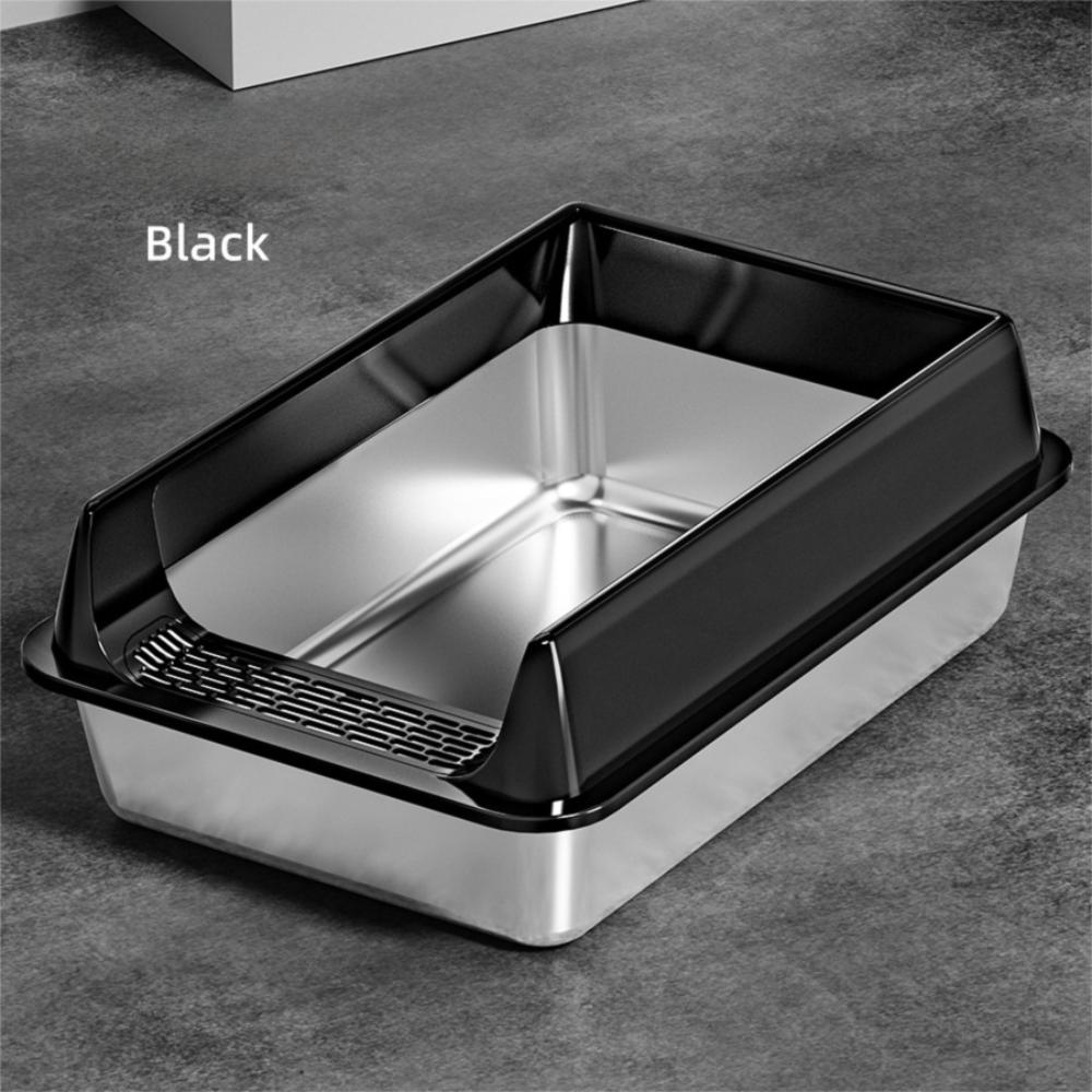 Edelstahl Kätzchen Sandkasten Überdimensionale Katzentoilette Reinigungsbecken Neue Katzenklo-Box Haustierbedarf Black-L-50*35*20cm