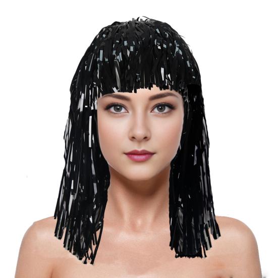 Folie Lametta Perücken für Erwachsene Kostüm Party Glänzende Lametta Perücke Metallic schwarz