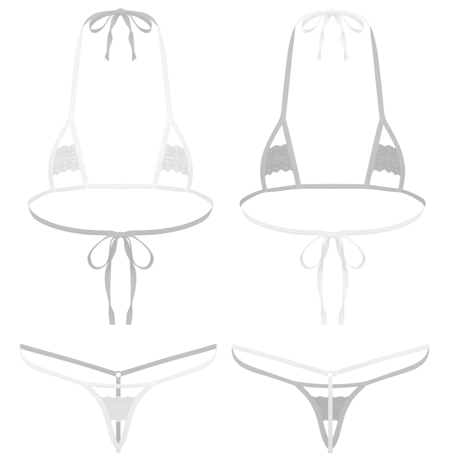 Damen Mikro Bikini Set Ausgeschnittene Cups Neckholder BH Oberteil mit T-Rücken G-String String Unterwäsche für Schwimmen Strand