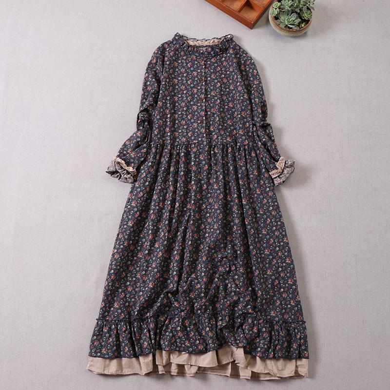 Mori Mädchen Herbst Frühling Frauen Lose Lange Kleid Rüschen Kragen Floral Cottagecore Kleid Vintage Baumwolle Rüschen Elegante Chic Kleid One Size navy blau