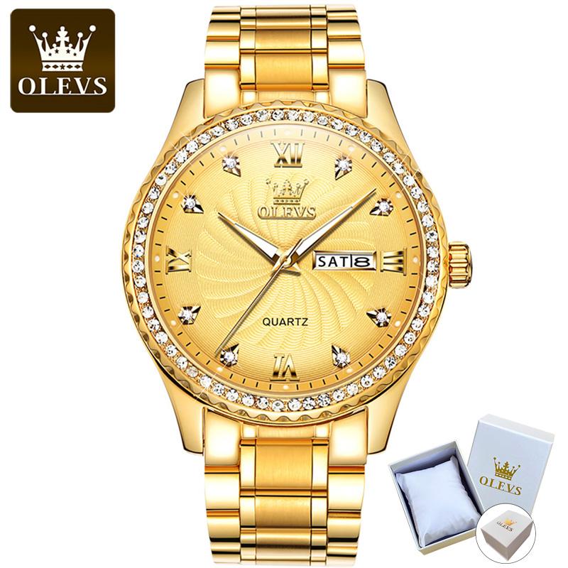 OLEVS 5565 Diamant-Gold-Uhr, Kalender 3, mit Geschenkbox, Diamant-Gold-Uhr, Kalender 3 Nadeln, leuchtende wasserdichte Quarzuhr, Herrenuhr gold