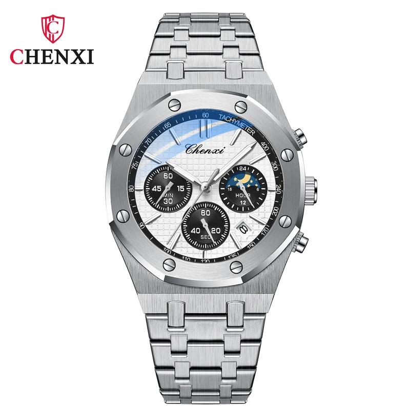 CHENXI Top Luxusmarke Automatisches Datum Armbanduhr Herren Sport Wasserdicht Multifunktions-Chronograph Edelstahl Armbanduhren weiß/silber