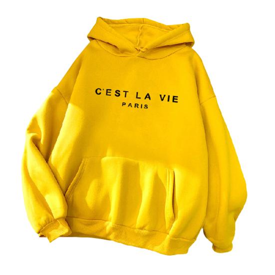 Lange Ärmel Fronttasche Kordelzug Fleece Futter Pullover Hoodie Herbst Winter Brief gedruckt lose Frauen Sweatshirt Streetwear M gelb