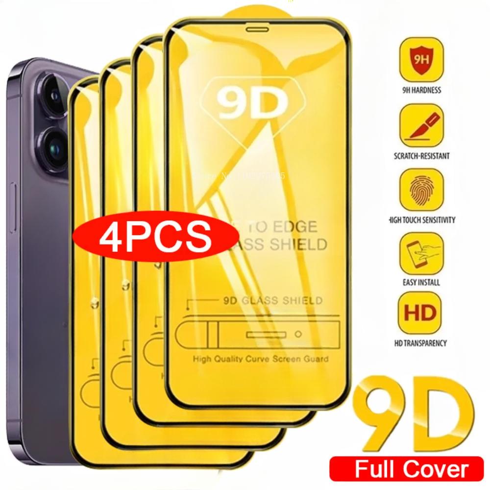 4 STÜCK 9D Vollabdeckung Panzerglas für iPhone 17 16 15 14 Pro Max 16 15 Plus Displayschutzfolie für iPhone 13 12 11 Pro X XR XS Max iPhone 15 pro max reinfarbig
