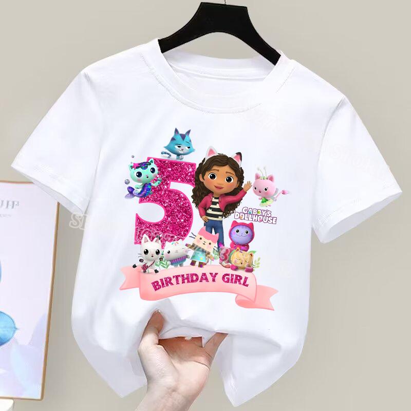 Neues Gabby's Puppenhaus Zahlen-T-Shirt Schlichte Basic Baumwoll-Tops Niedlicher Anime-Cartoon-Druck Süße Mädchen Geburtstagskleidung 140