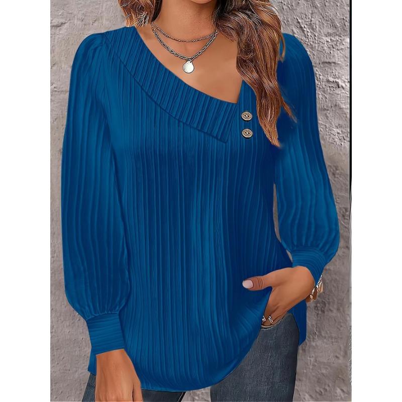 Frühling und Herbst Damen Bluse Einfache Plissee Bluse V-Ausschnitt Knopf Einfarbig Langarm Top M blau