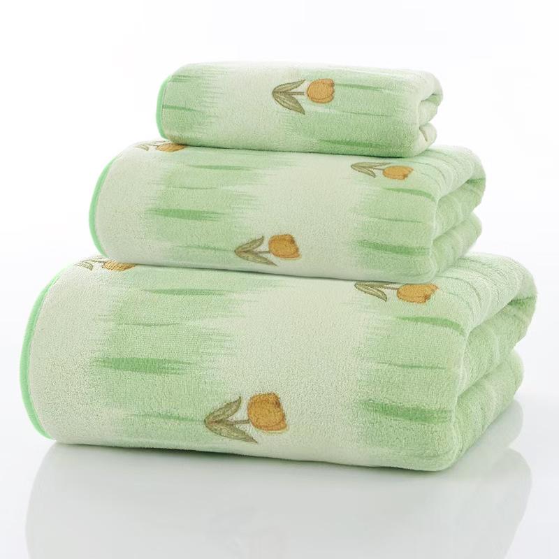 Blumen-Badetuch für Erwachsene, Frühlings-Hahnenfuß-Badetuch, Koralle Saugfähig Weich Voll, Haushalts-Fingertuch 35*75cm+70*140cm+30*30cm grün