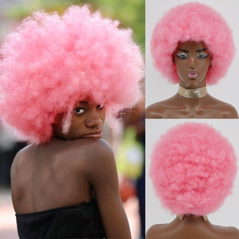 XINRAN Kurzes Flauschiges Haar Afro Kinky Lockige Perücken mit Pony für Schwarze Frauen Afrikanische Synthetische Klebefreie Party Cosplay Natürliche Pinke Perücke