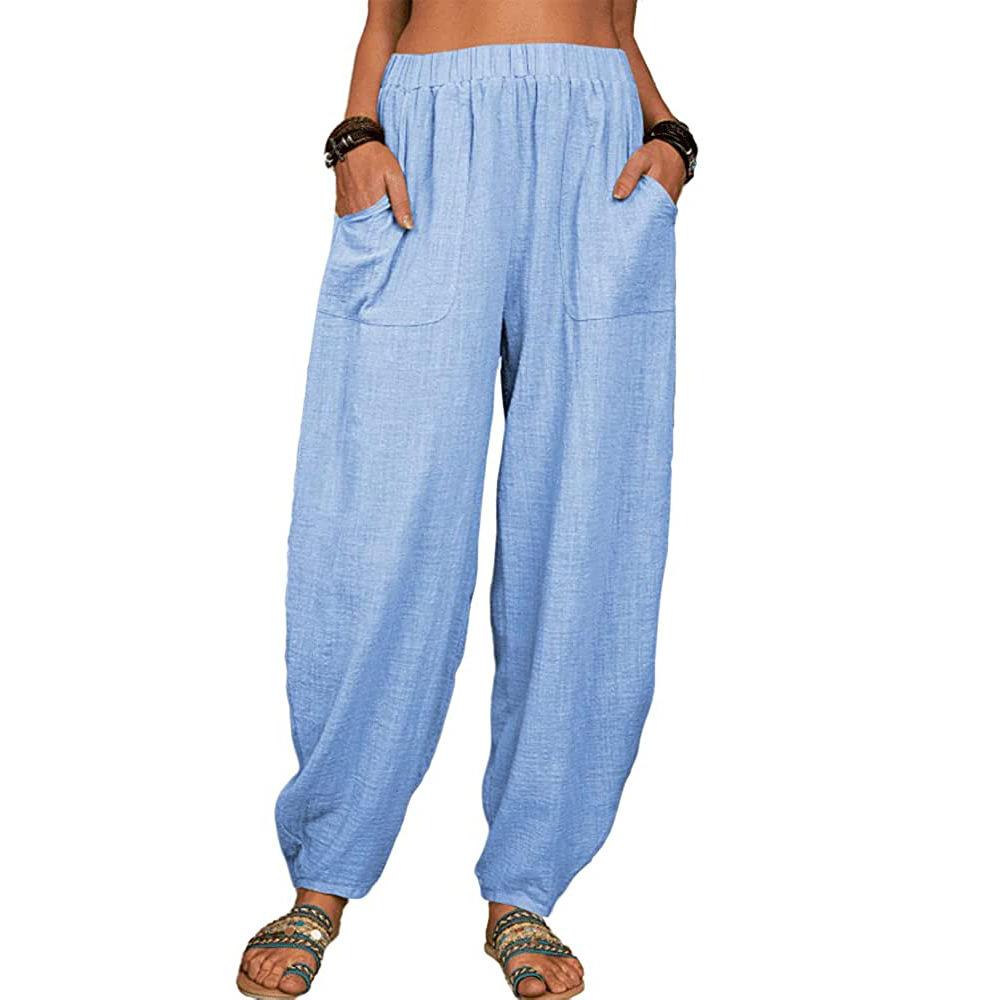 Haremshose für Damen, Sommer, lässig, Retro, große Größe, Hose aus Baumwolle und Leinen, elastische Taille, Hose mit weitem Bein, Haushose L himmelblaue