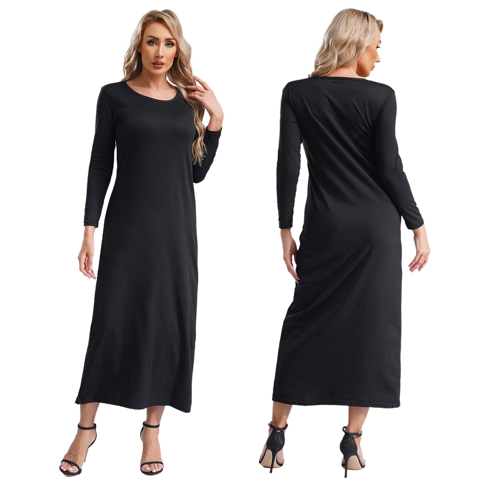S-3XL Lässiges Islamisches Kleid für Damen: Einfarbige Abaya mit Rundhalsausschnitt und langen Ärmeln, locker geschnitten, für das tägliche Gebet & Ausflüge S-M schwarz