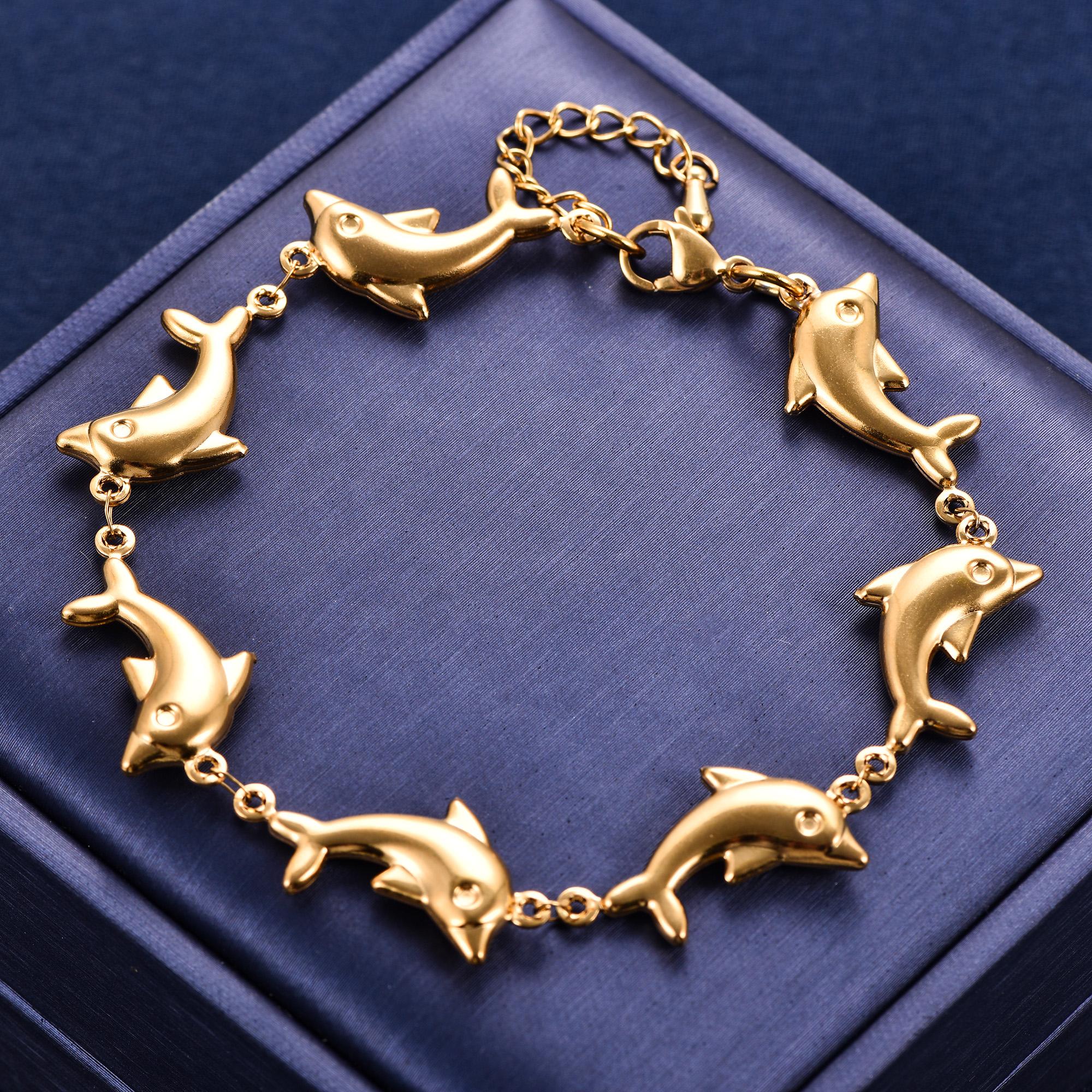 Süßes Edelstahl-Delfin-Armband Gliederkette für Damen Mädchen Fußkettchen Armband Sommer Strand Metall Schmuck Zubehör 20cm plus Extension gold