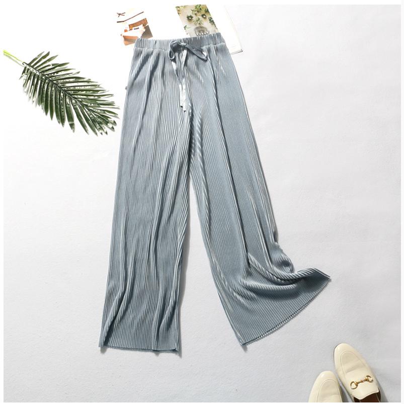 Frauen Mode Sommer Breite Bein Hosen Plissee Eis Seide Hosen Elastische Taille Lose Beiläufige Hosen One Size grau