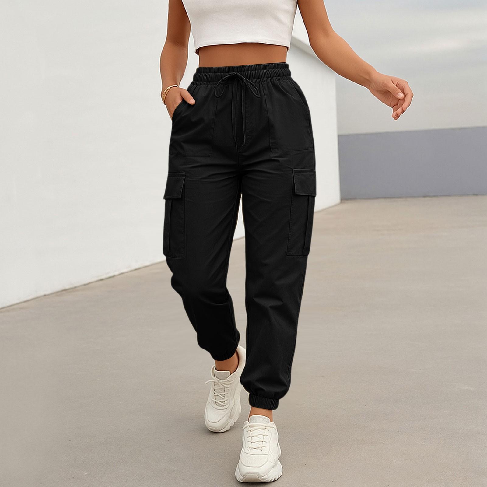Damen Casual Cargo Hose Einfarbig Jogger mit Kordelzug in der Taille, Elastischer Bund, Mehrere Taschen Hose XXL schwarz