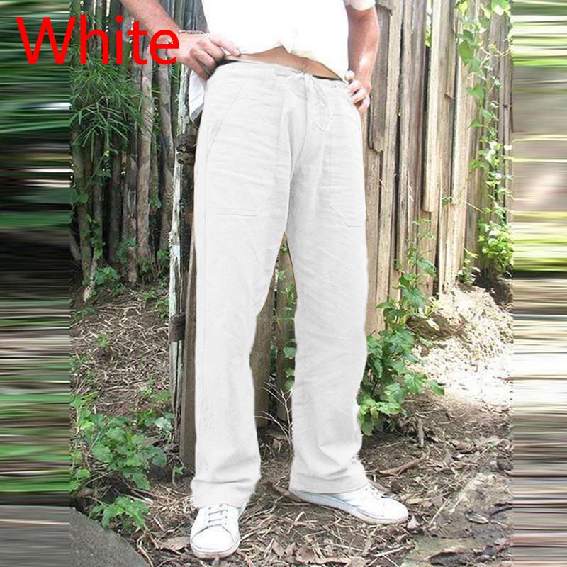 Mode Luxus Männer Natur Baumwolle Leinen Hosen Sommer Jogger Hosen Männliche Feste Elastische Taille Hose Gerade Lose Lauf Hosen plus Größe S weiß