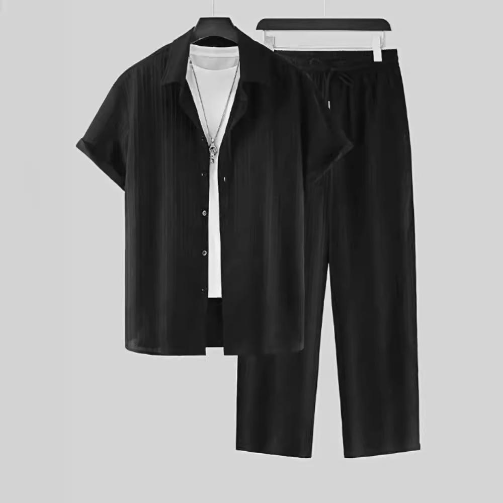Sommeranzug für Herren Herren Sets Trainingsanzug Set Herren gestreiftes Kurzarmhemd mit Knopfleiste und Kragen, Jogginghosen-Set XS schwarz
