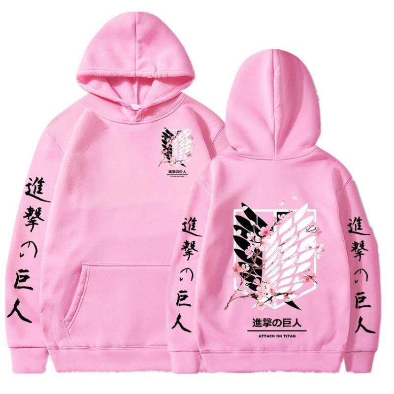 Japanischer Anime-Kapuzenpullover im Angriff auf Titan-Stil mit Grafikdruck, Harajuku, Streetwear, Unisex, Streetwear L rosa